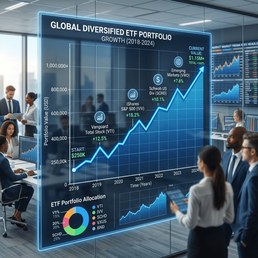 Line chart showing growth of global diversified ETF portfolio from $250K to $1.15M between 2018 and 2024 with portfolio allocation pie chart