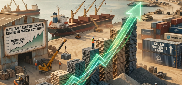 Construction materials port with workers, ships, and rising growth graph amid Middle East conflict