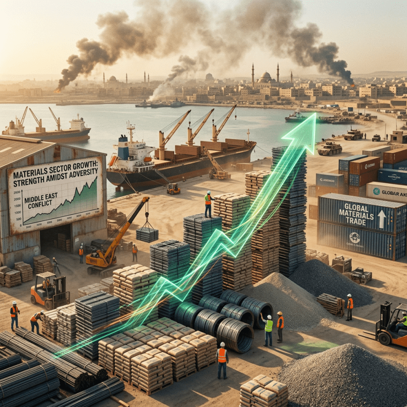 Construction materials port with workers, ships, and rising growth graph amid Middle East conflict