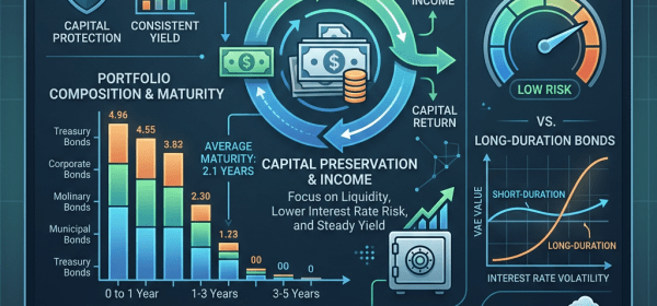 Infographic summarizing short-duration bond portfolio features including capital protection, consistent yield, and low risk.