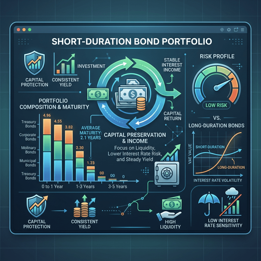 Infographic summarizing short-duration bond portfolio features including capital protection, consistent yield, and low risk.