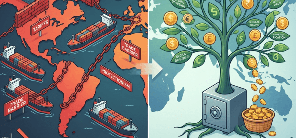 Map showing trade barriers and tariffs reducing trade volume alongside a growing money tree representing international dividend ETF benefits