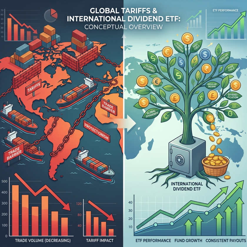 Map showing trade barriers and tariffs reducing trade volume alongside a growing money tree representing international dividend ETF benefits