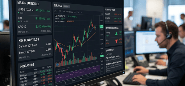 Real-time EU financial markets dashboard showing indices, bond yields, currency pairs, sector performance, and market news