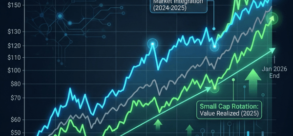 Line chart showing AI Index, Small Cap Index, and S&P 500 performance from Jan 2023 to Jan 2024 with notes on AI surge and small cap momentum