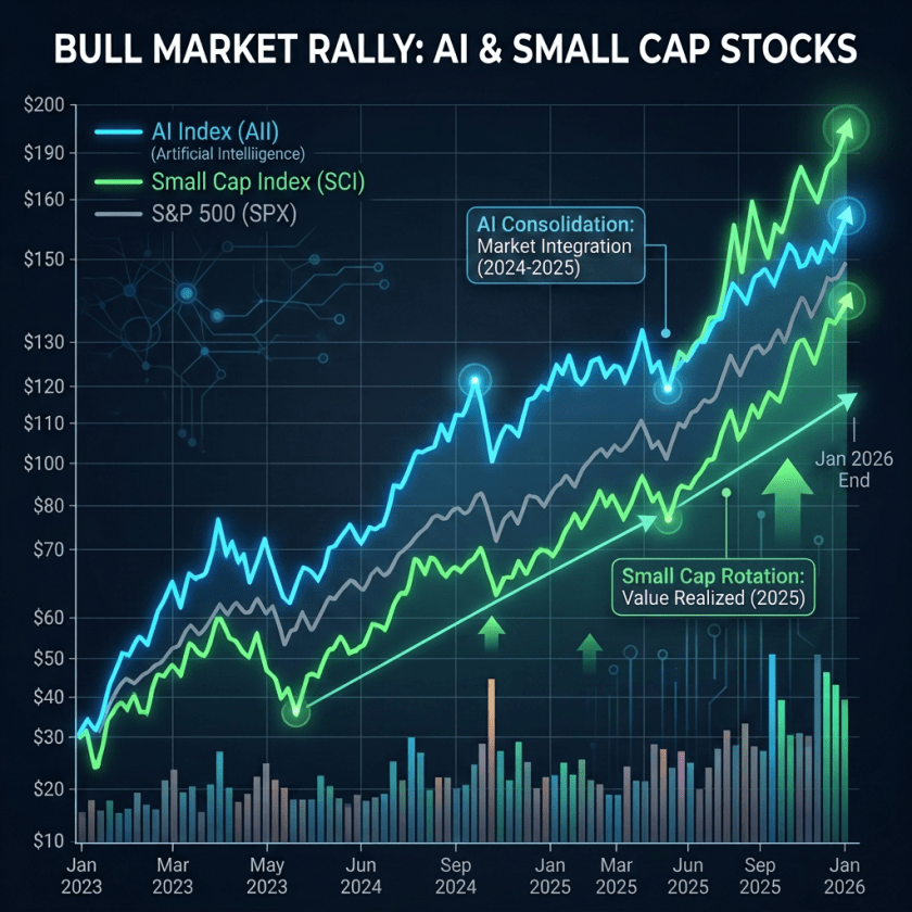 Line chart showing AI Index, Small Cap Index, and S&P 500 performance from Jan 2023 to Jan 2024 with notes on AI surge and small cap momentum