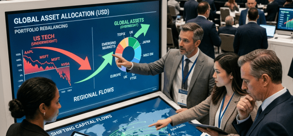Group of business professionals reviewing global asset allocation and capital flow charts during a conference