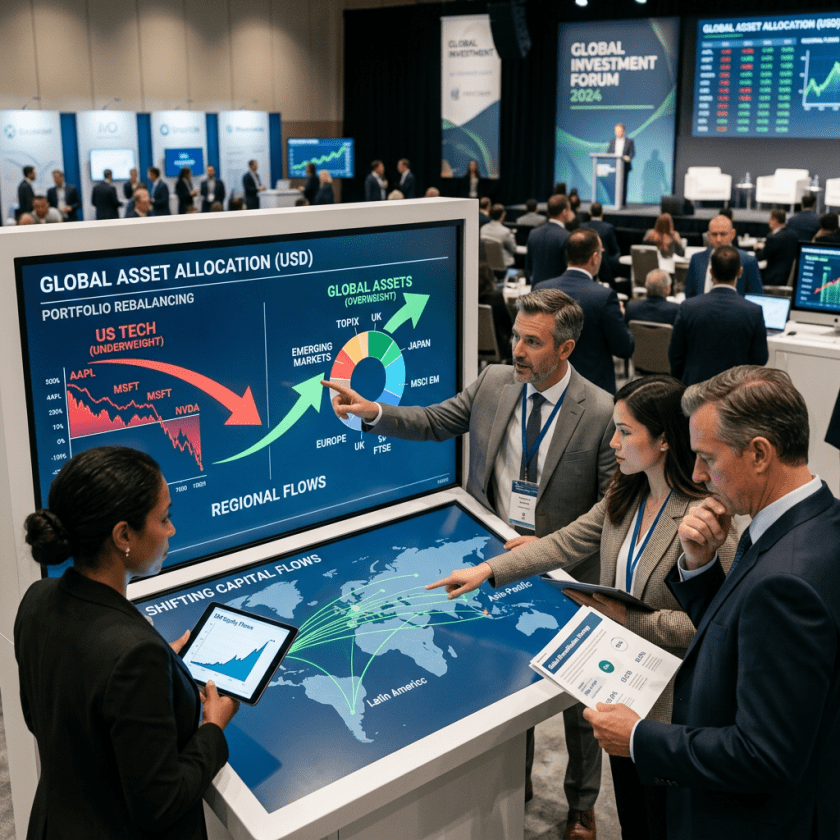 Group of business professionals reviewing global asset allocation and capital flow charts during a conference