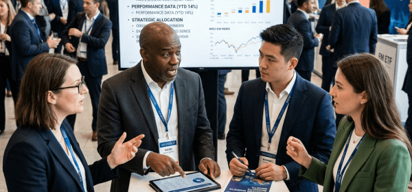 Four professionals discussing emerging markets ETFs at a finance symposium with charts and reports