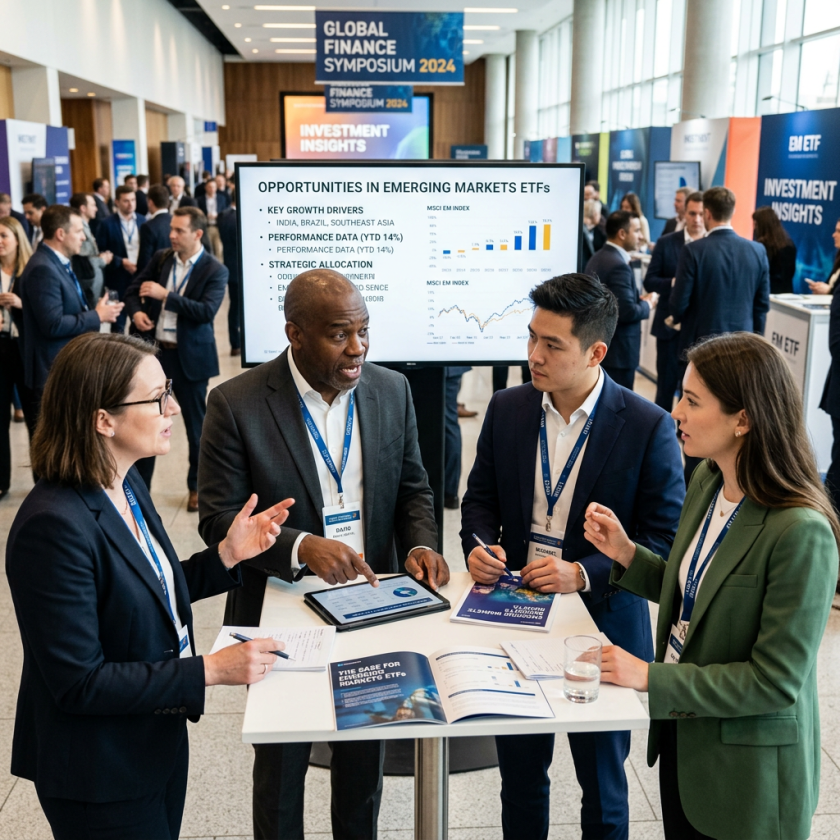 Four professionals discussing emerging markets ETFs at a finance symposium with charts and reports