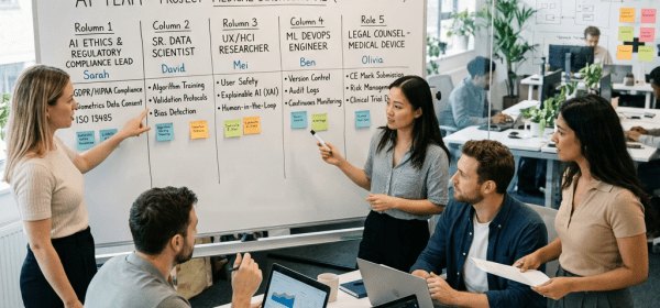 Five team members planning Medical Diagnostic AI project roles and tasks on whiteboard