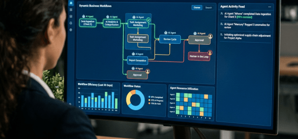 Person viewing AI software agent workflow manager dashboard with charts and activity feed