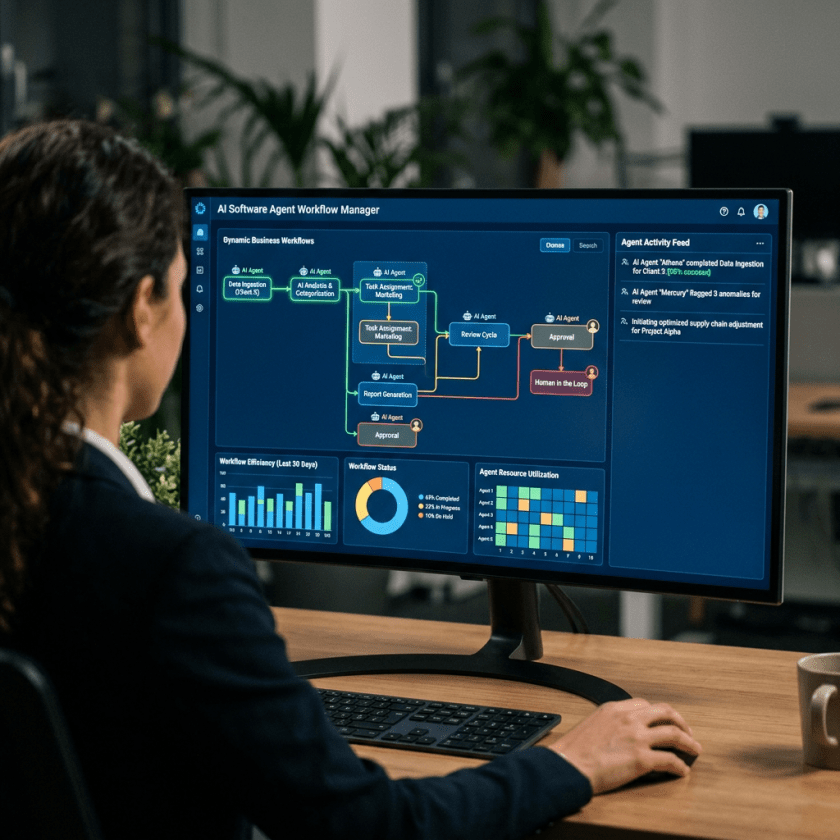 Person viewing AI software agent workflow manager dashboard with charts and activity feed