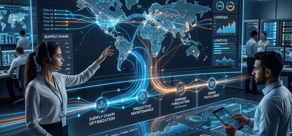 Futuristic AI supply chain dashboard showing global maps, data flows, and performance metrics with two professionals interacting