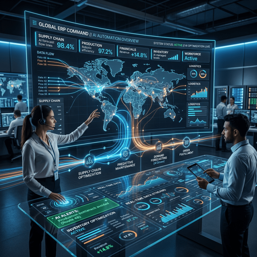 Futuristic AI supply chain dashboard showing global maps, data flows, and performance metrics with two professionals interacting
