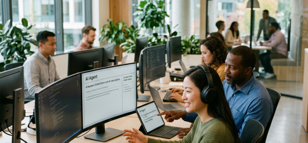 Team working together on AI project in open office with laptops and large monitors