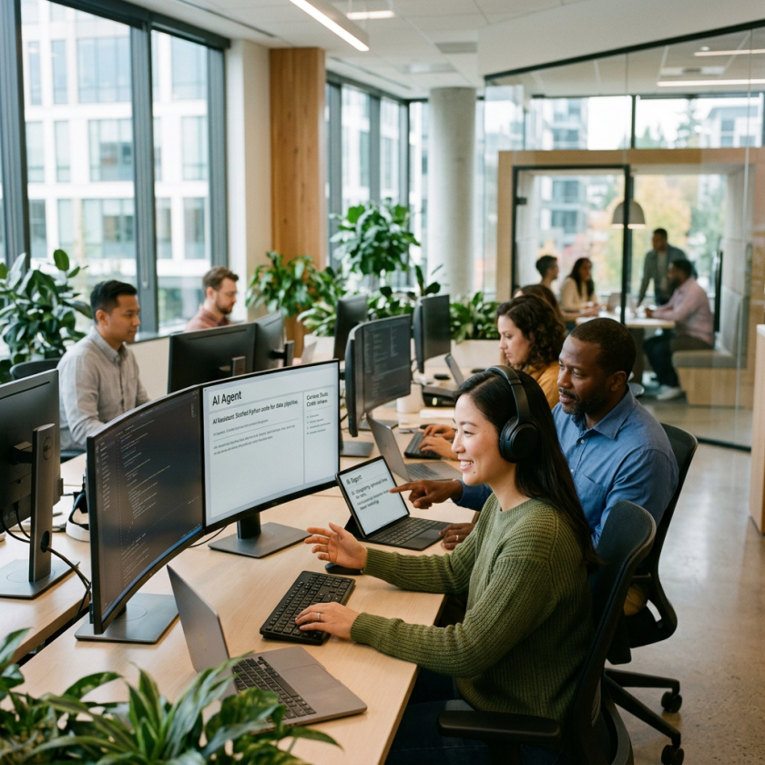 Team working together on AI project in open office with laptops and large monitors