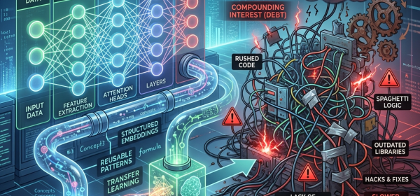 Diagram showing AI knowledge transfer processes and chaotic technical debt components.