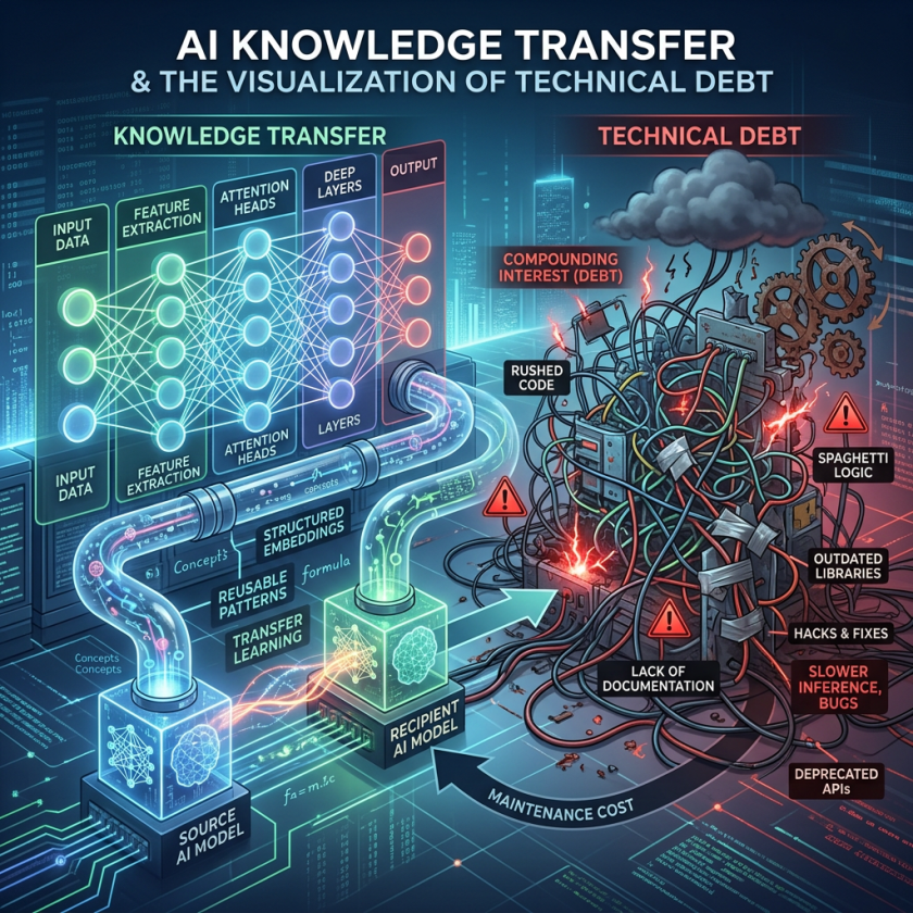Diagram showing AI knowledge transfer processes and chaotic technical debt components.