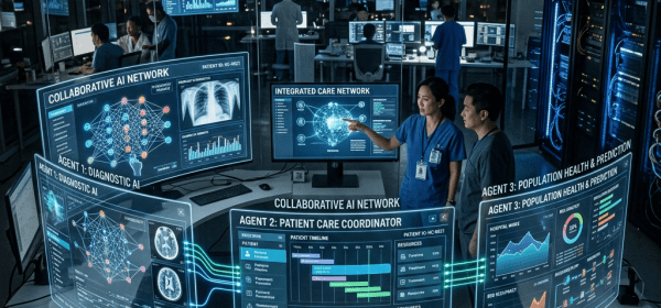 Healthcare professionals analyzing AI network data for diagnostics, patient care, and population health