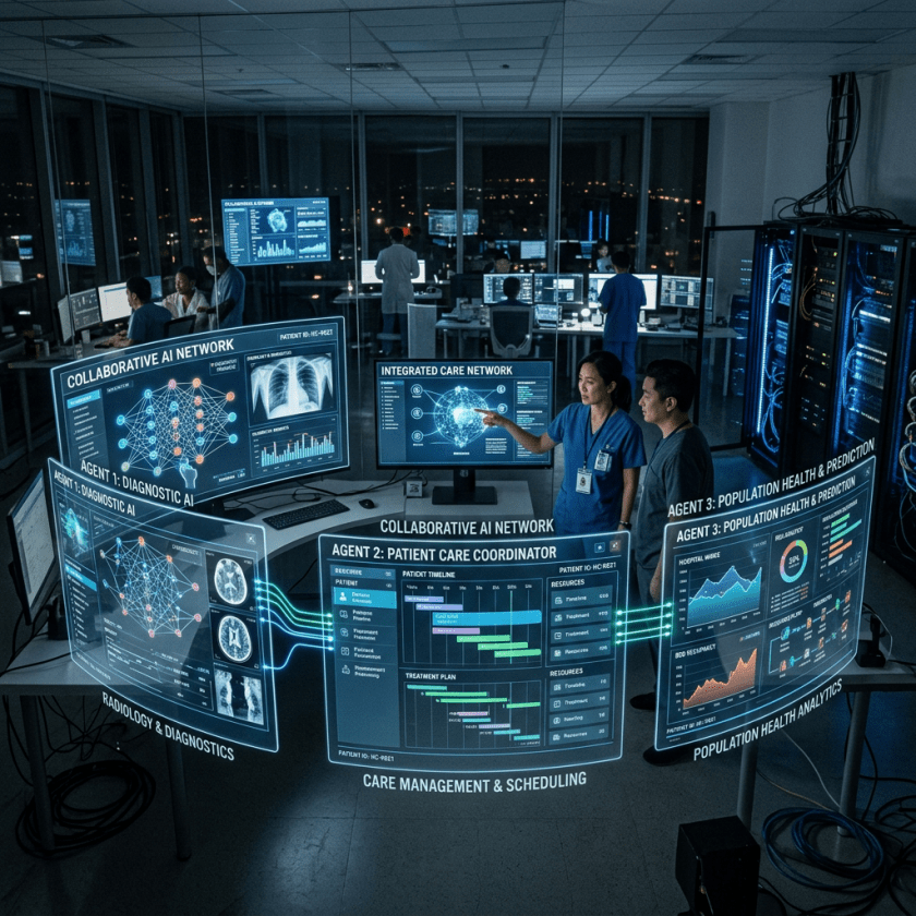 Healthcare professionals analyzing AI network data for diagnostics, patient care, and population health