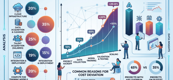 AI budget overrun analysis with key drivers, trend graph, causes, and statistics
