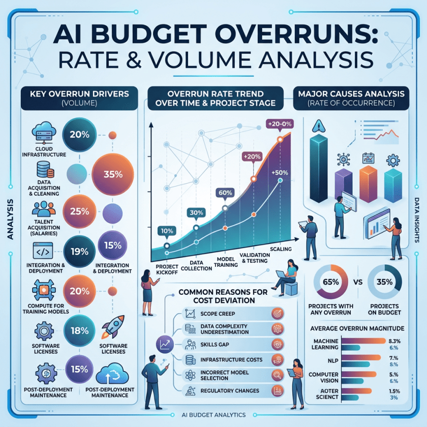 AI budget overrun analysis with key drivers, trend graph, causes, and statistics