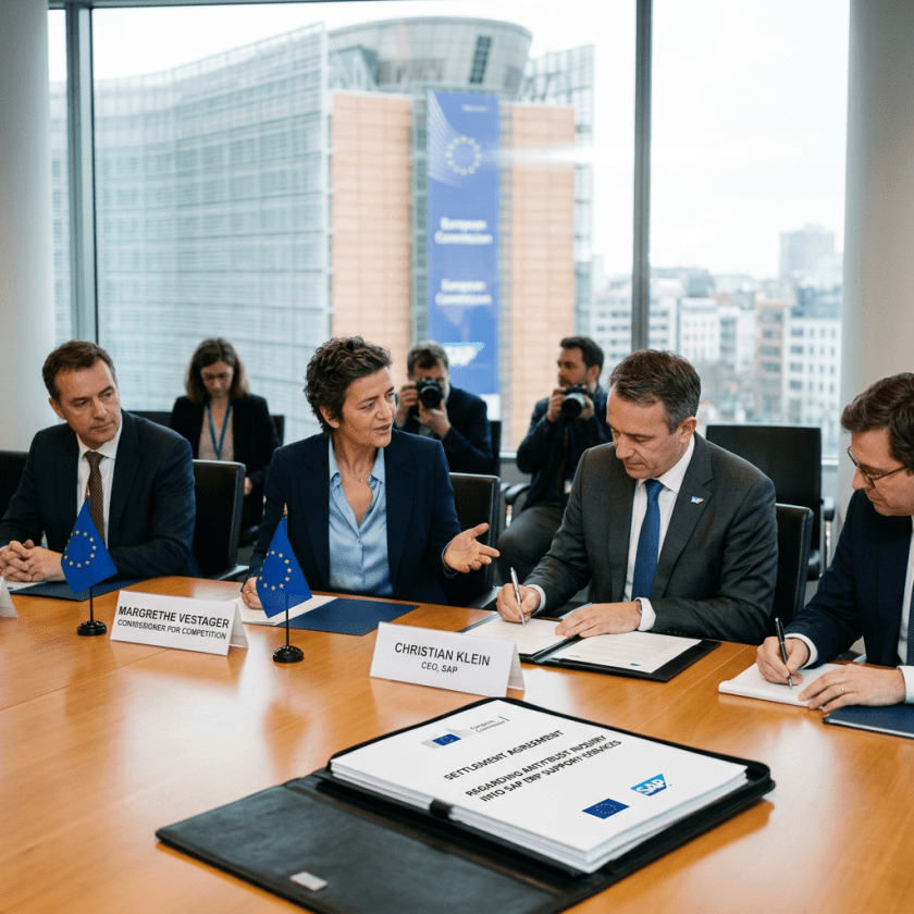 Margrethe Vestager and Christian Klein signing settlement agreement at meeting