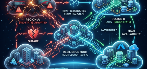 Diagram showing multi-cloud resilience with disrupted cloud region A rerouting traffic to healthy regions B and C for continuity and high availability