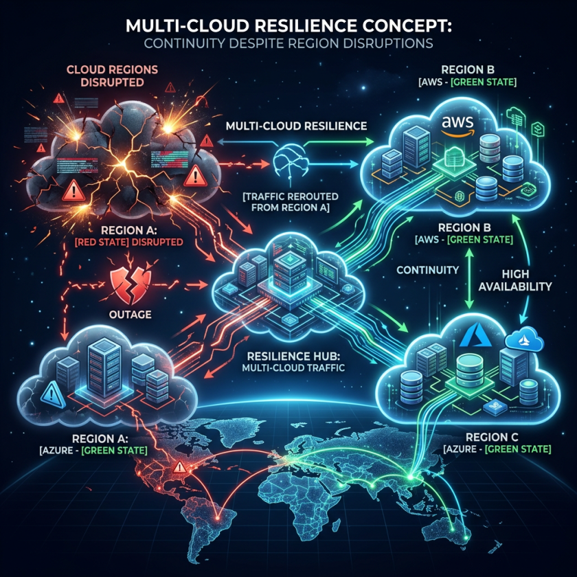Diagram showing multi-cloud resilience with disrupted cloud region A rerouting traffic to healthy regions B and C for continuity and high availability