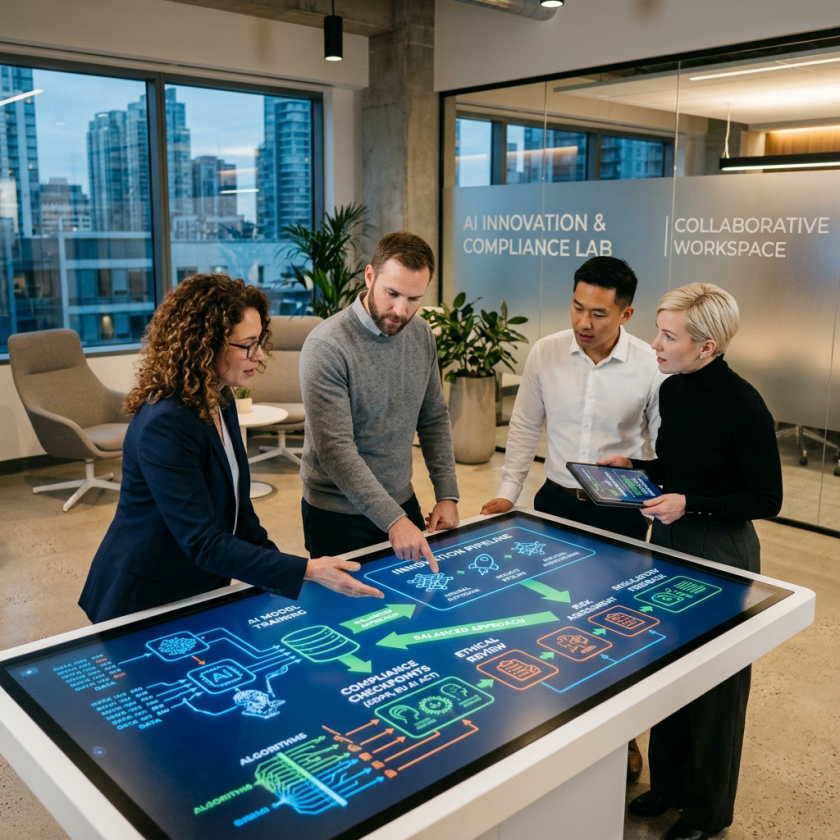 Four colleagues collaborating at a digital touchscreen table with AI compliance workflow diagram