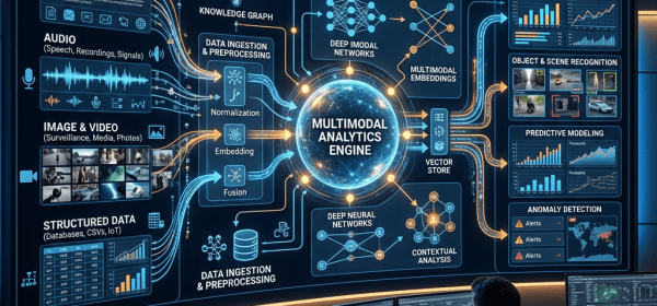 Dashboard showing multimodal analytics engine processing text, audio, images, and structured data with neural networks and applications