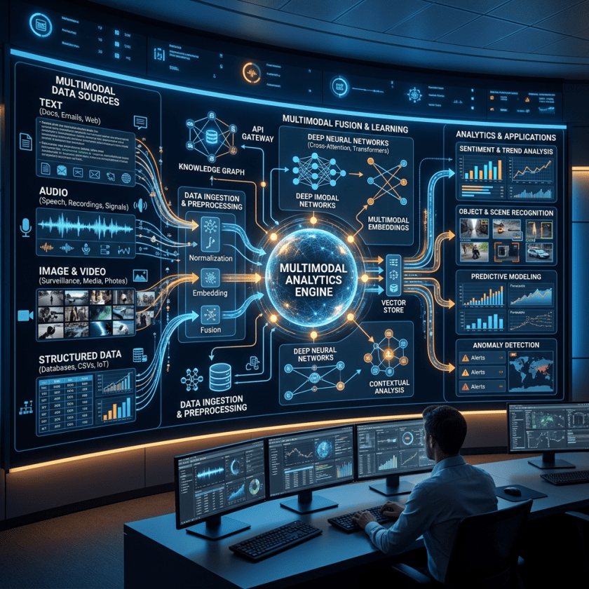 Dashboard showing multimodal analytics engine processing text, audio, images, and structured data with neural networks and applications