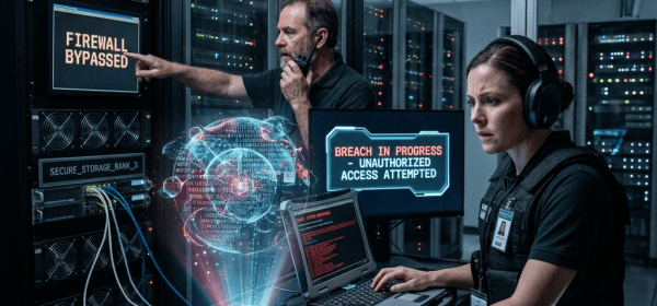 Two cybersecurity specialists monitoring breach alerts and server data in a high-tech control room