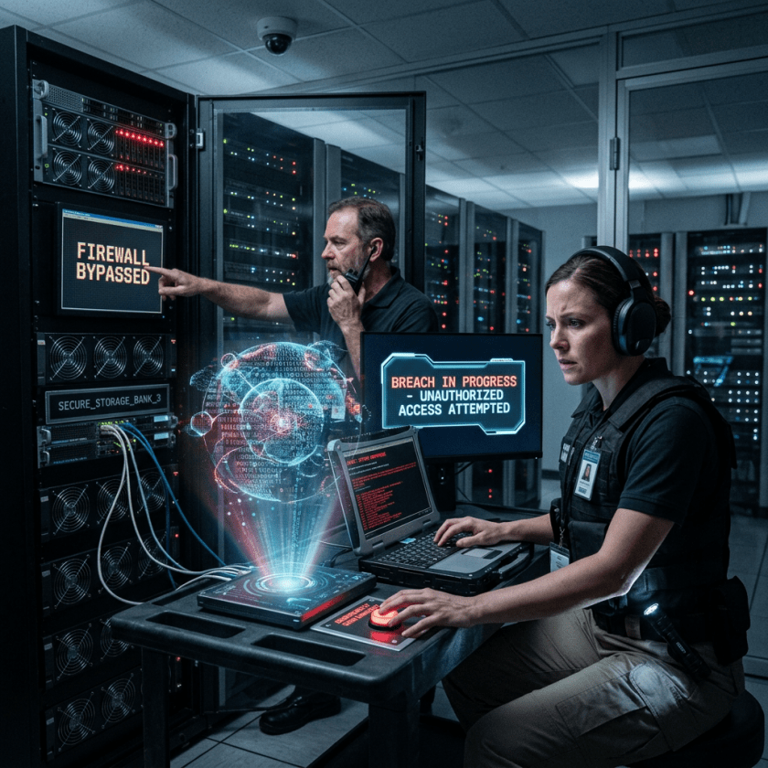Two cybersecurity specialists monitoring breach alerts and server data in a high-tech control room