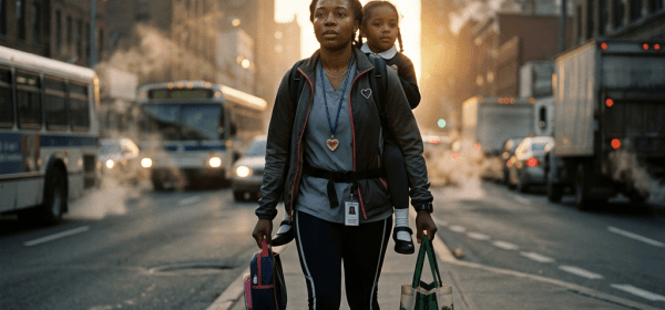 Mother carrying child on city sidewalk with pollution and glowing heart and scales symbols