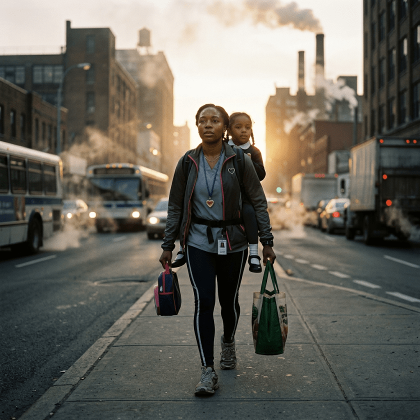 Mother carrying child on city sidewalk with pollution and glowing heart and scales symbols