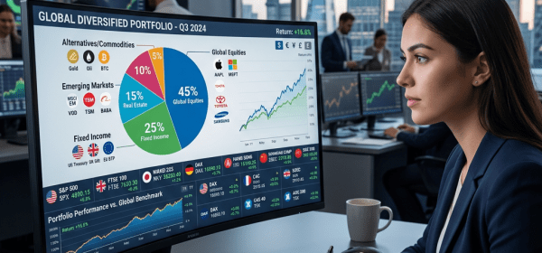 Woman analyzing global diversified portfolio data on computer screen showing pie chart and stock performance charts
