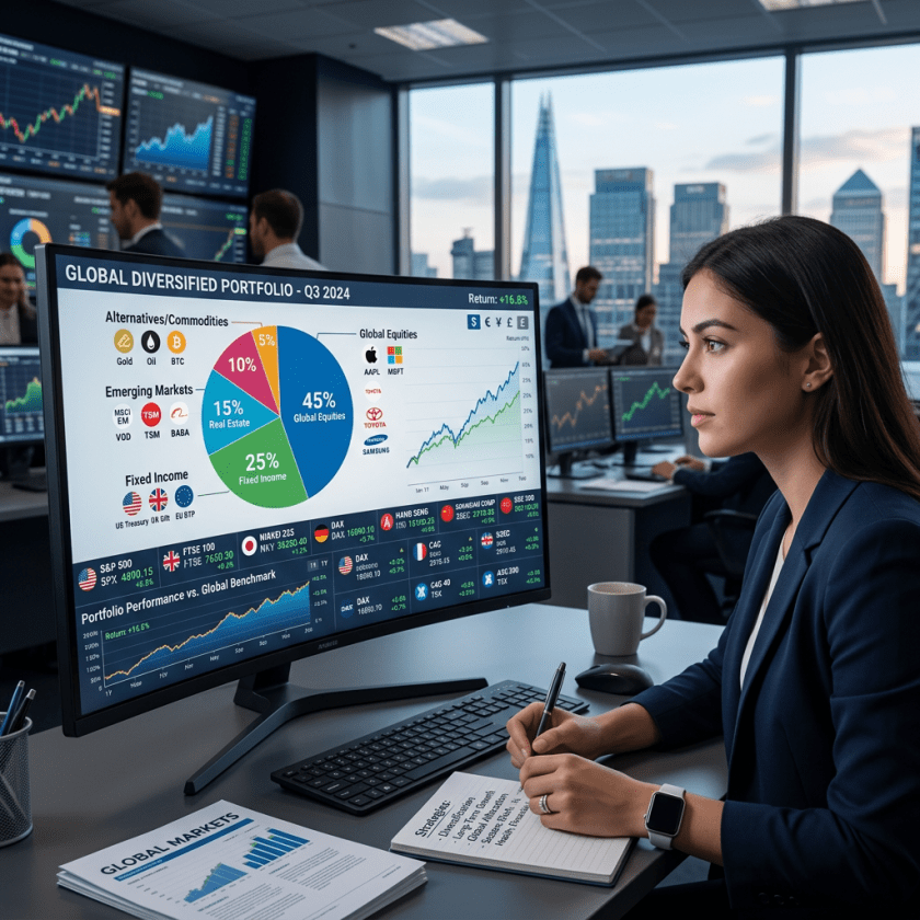 Woman analyzing global diversified portfolio data on computer screen showing pie chart and stock performance charts