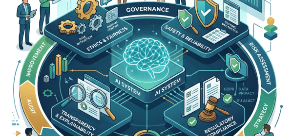 Diagram showing AI governance with ethics, safety, regulatory compliance, and transparency