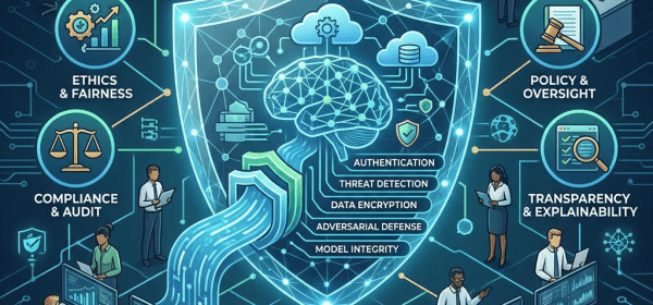 Illustration showing enterprise AI security and governance components including risk management, ethics and fairness, compliance and audit, policy and oversight, transparency and explainability, and technical defenses like authentication and data encryption