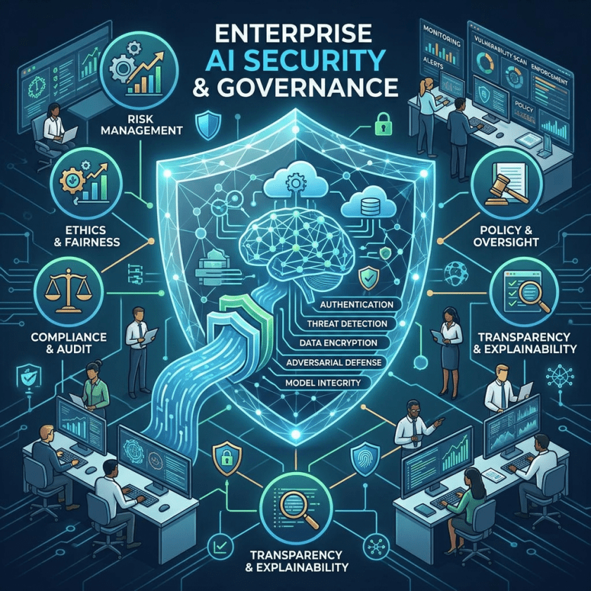 Illustration showing enterprise AI security and governance components including risk management, ethics and fairness, compliance and audit, policy and oversight, transparency and explainability, and technical defenses like authentication and data encryption