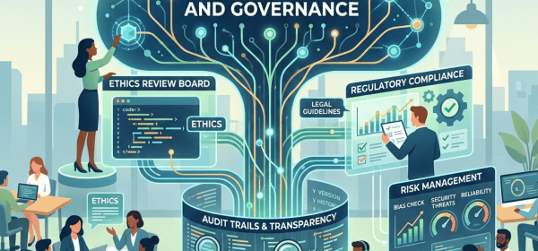 AI code accountability and governance visualization showing ethics review, regulatory compliance, audit trails, and risk management