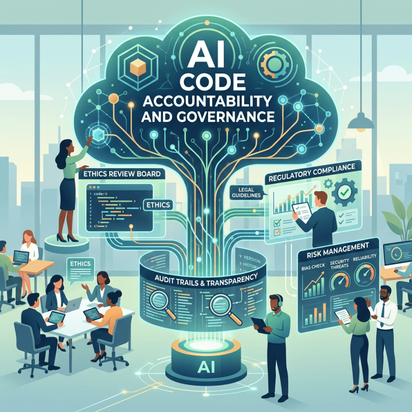 AI code accountability and governance visualization showing ethics review, regulatory compliance, audit trails, and risk management