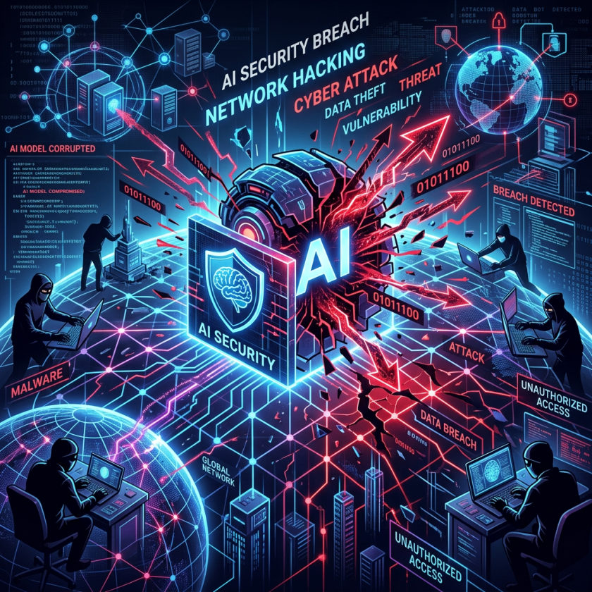 Digital illustration of hackers attacking AI security system with malware and unauthorized access highlighting cyber threats