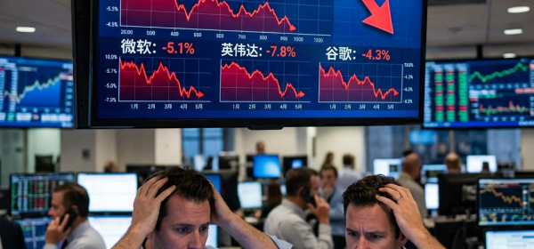 Two stressed traders looking at computer screens with stock market decline charts above showing AI market volatility and tech stocks falling