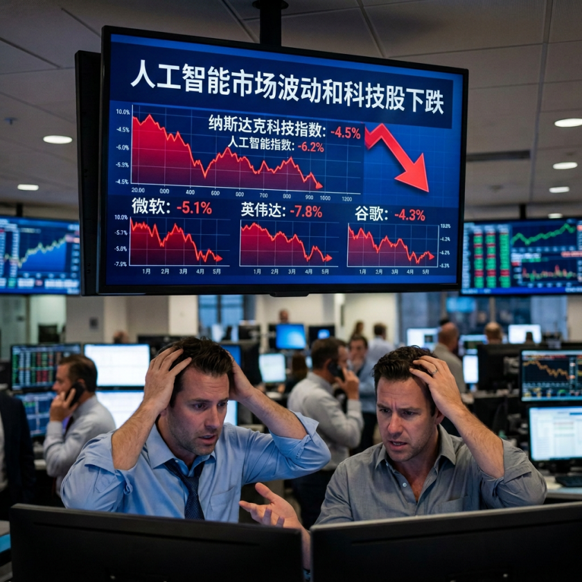 Two stressed traders looking at computer screens with stock market decline charts above showing AI market volatility and tech stocks falling