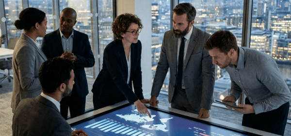 Business team gathered around interactive table showing global AI model costs and charts