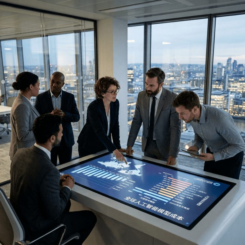 Business team gathered around interactive table showing global AI model costs and charts