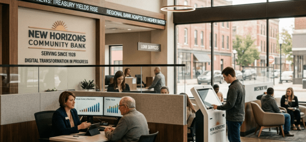 Community bank interior with customers at desks, digital kiosk, and seating area